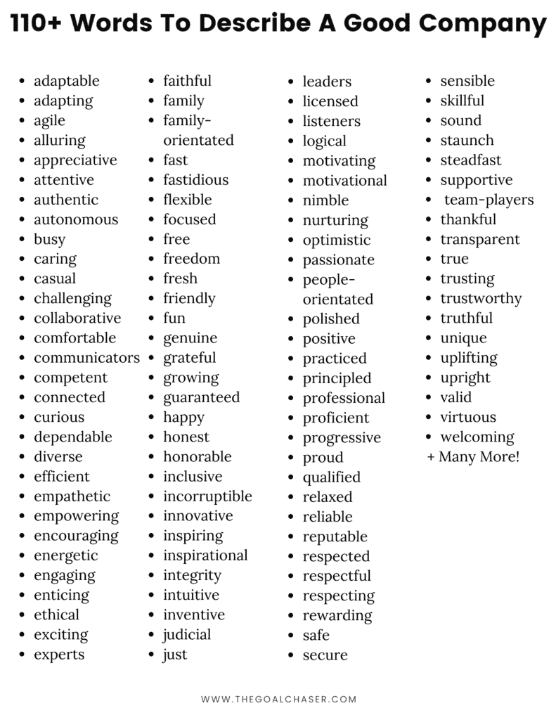 List of Words To Describe A good company