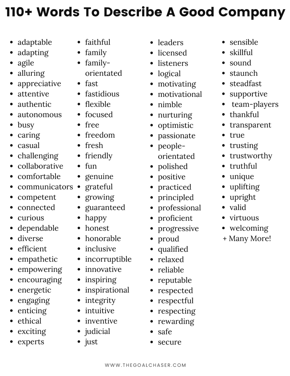 110 Words To Describe A Good Company The Goal Chaser