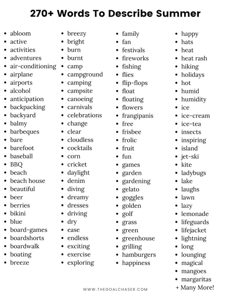 List of Words To Describe Summer Adjectives