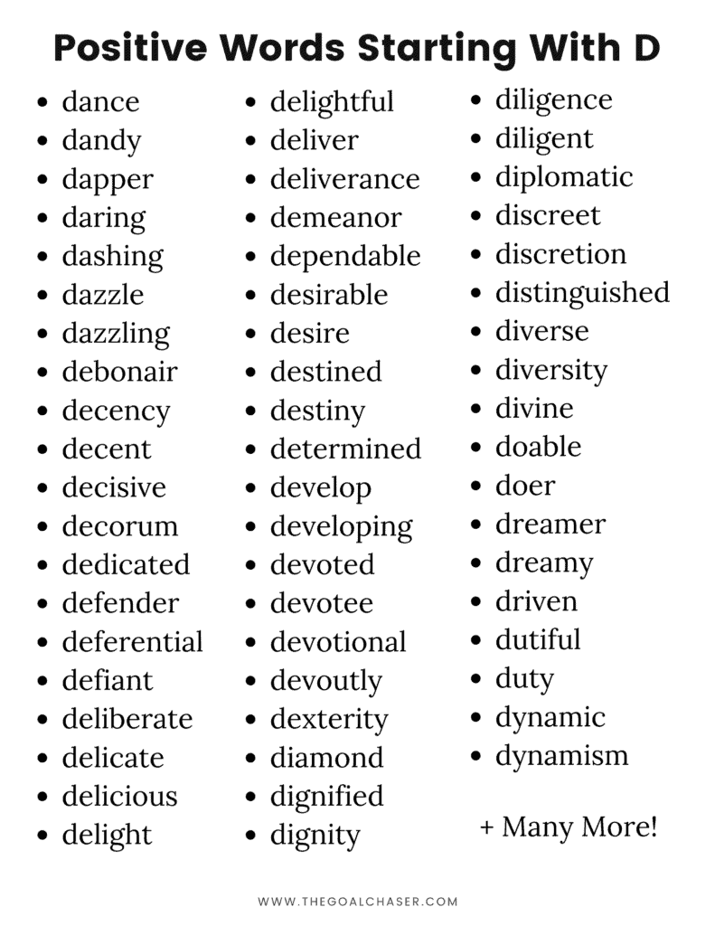 List of positive words starting with d