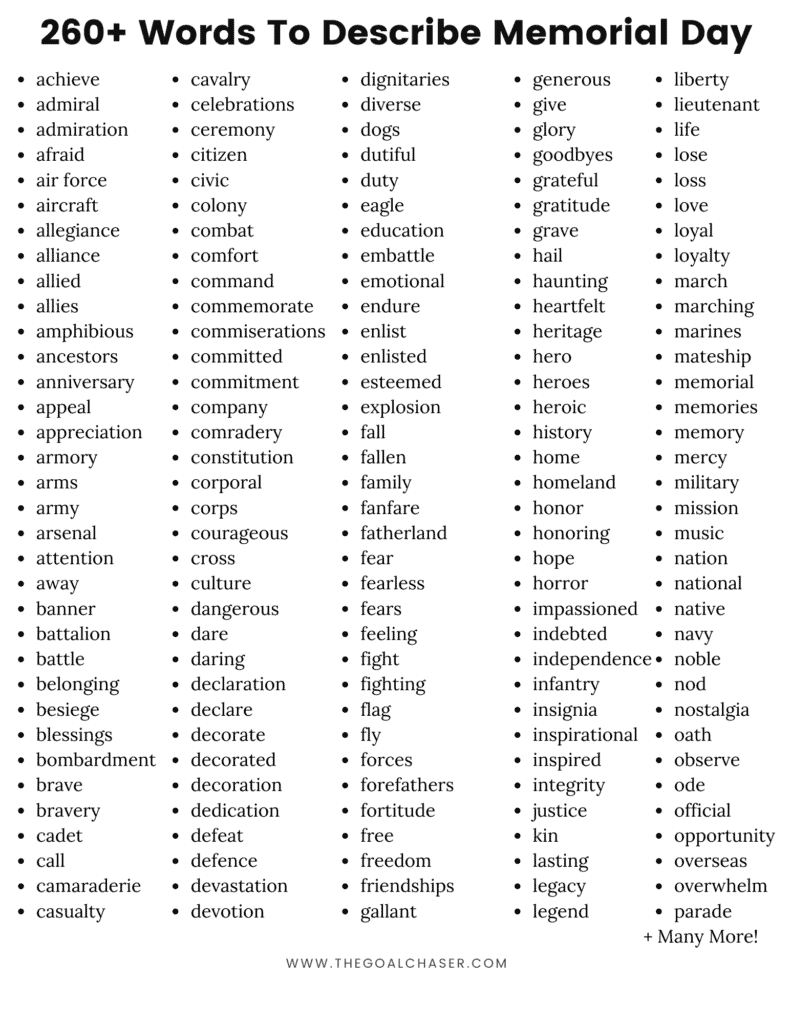 Word List - Adjectives To Describe Memorial Day