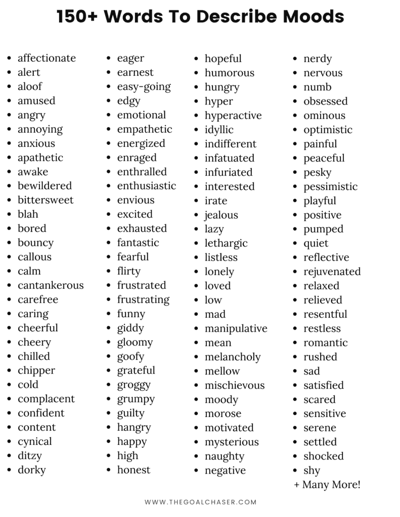 Words To Describe Moods List Of Mood Words The Goal Chaser