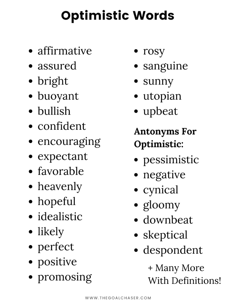 list of optimistic words and antonyms