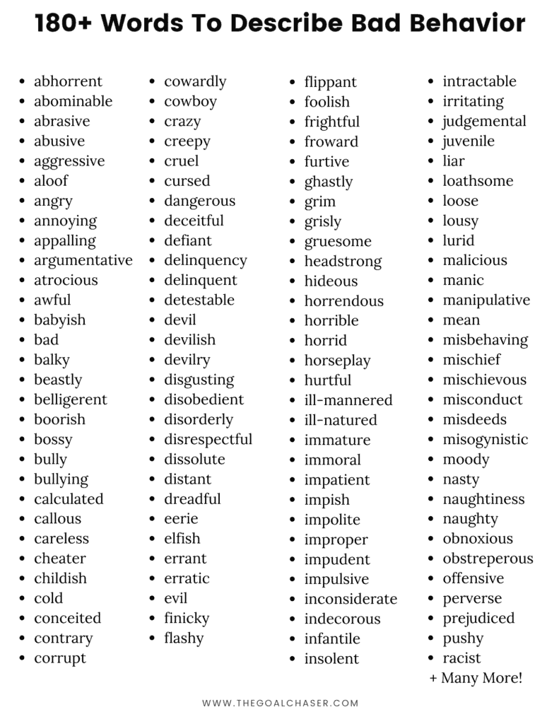 list of words that describe bad behaviors