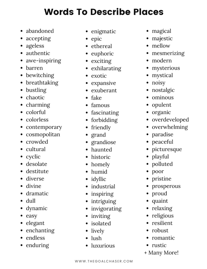 list of words to describe a place