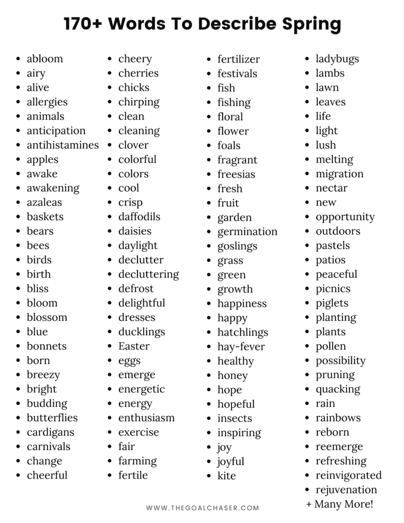 list of words to describe spring season