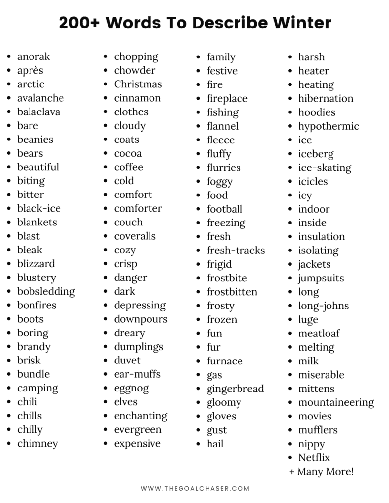 list of words to describe winter