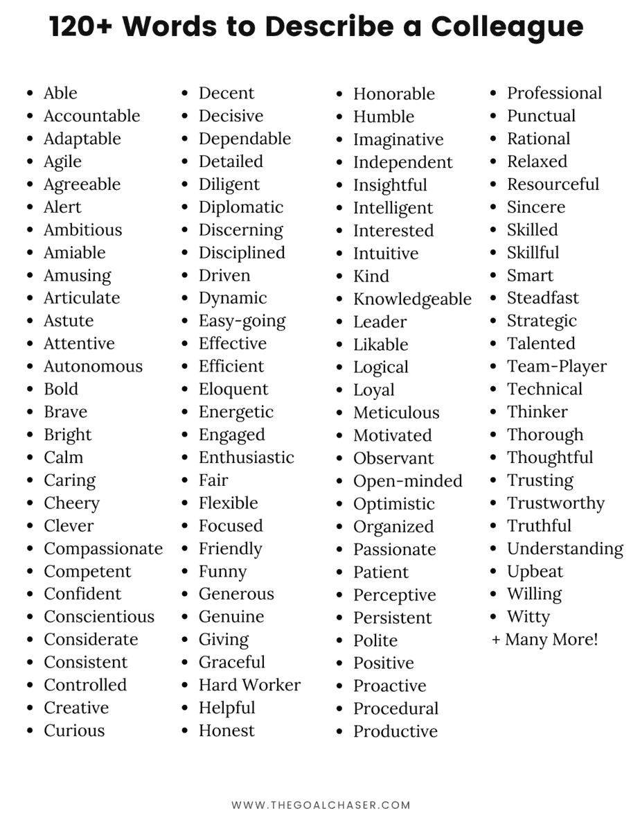 Words To Describe A Colleague Or Coworker 120 Adjectives