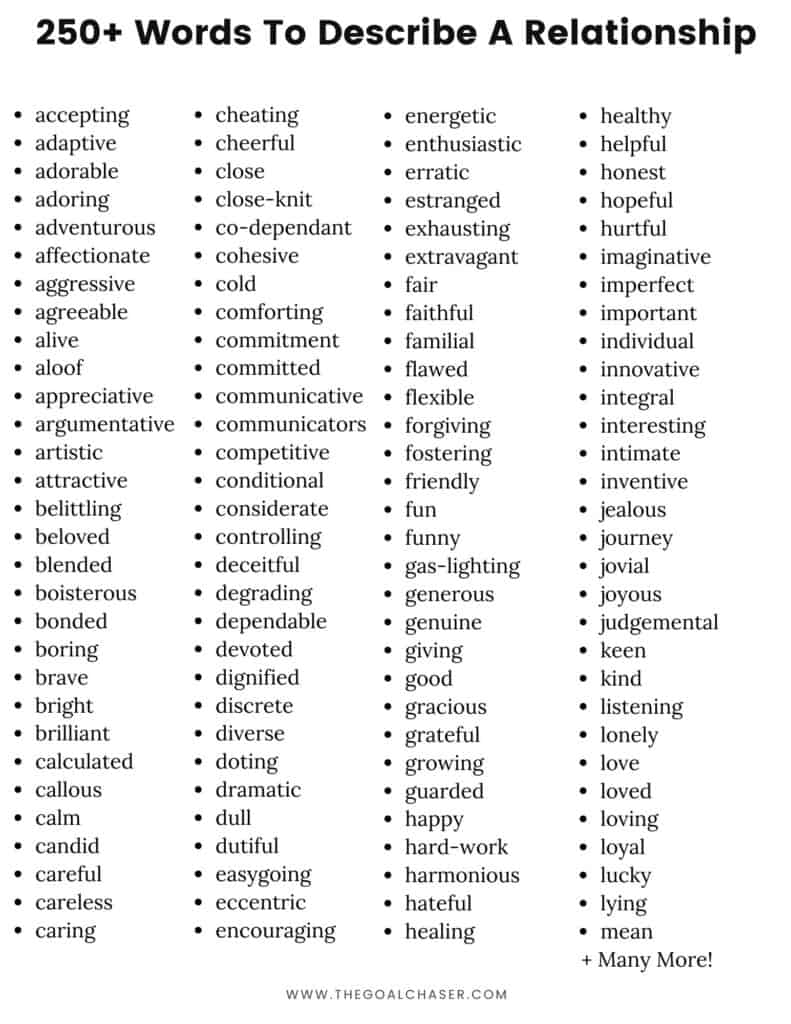 words to describe a relationship - list of words