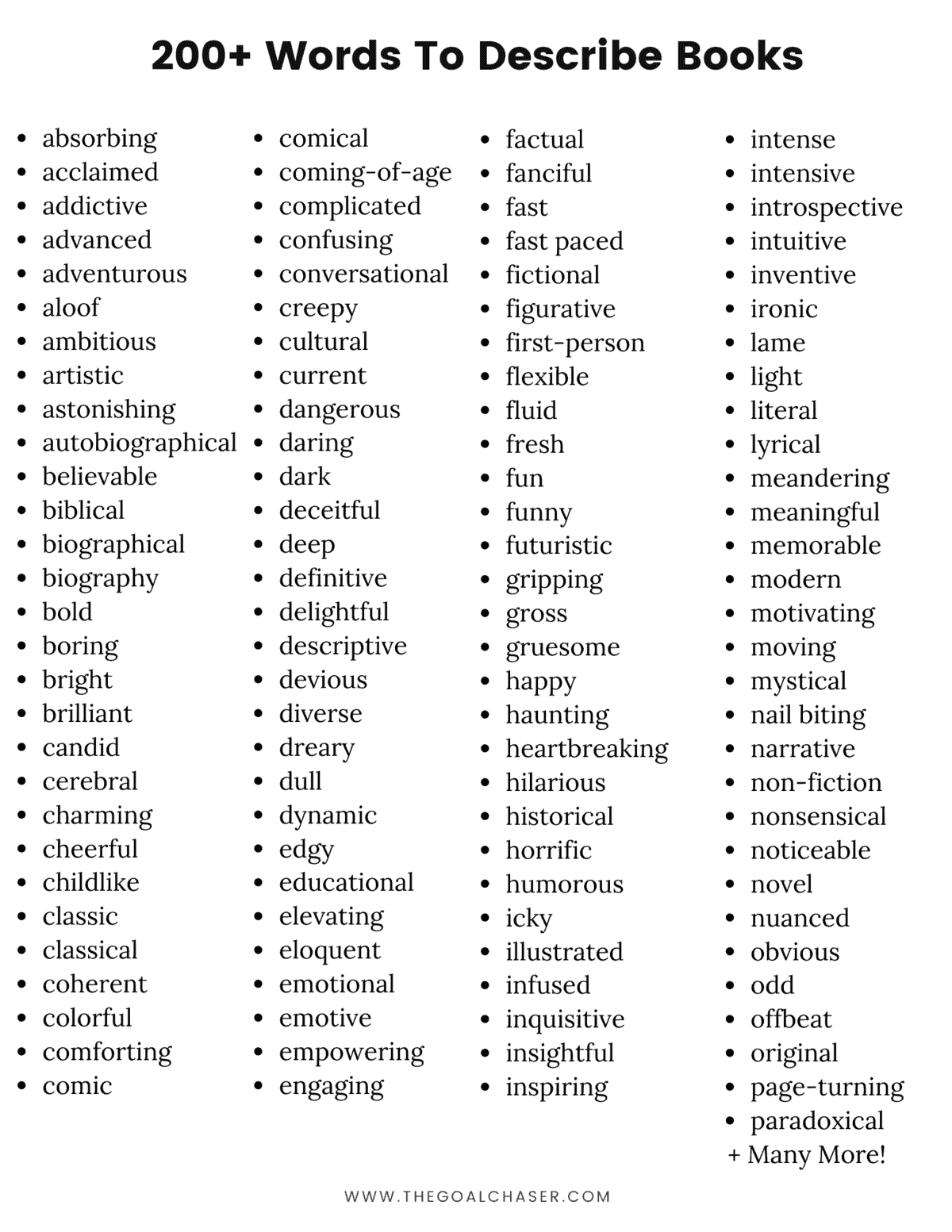 Describing Words To Describe A Book